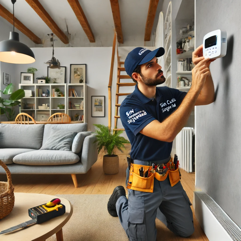 Instalador de Sin Cuota Seguridad montando un sensor en el salón de una casa
